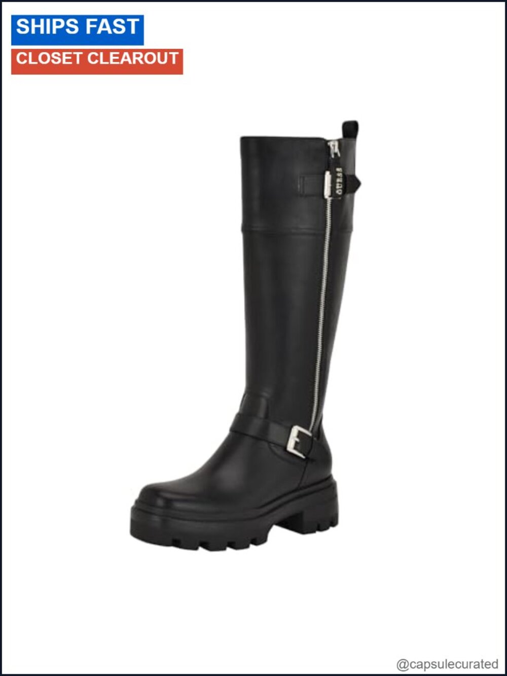 Knee High Faux Leather Riding Boots Block Heel Lug Sole Buckle Zip
